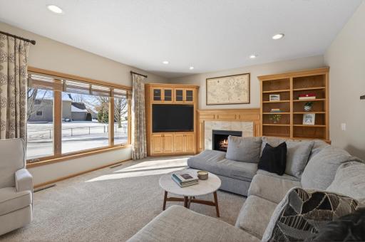 Custom oak built-in entertainment center with glass doors, illuminated display shelving, and generous storage; south-facing living room fills the space with abundant natural light.