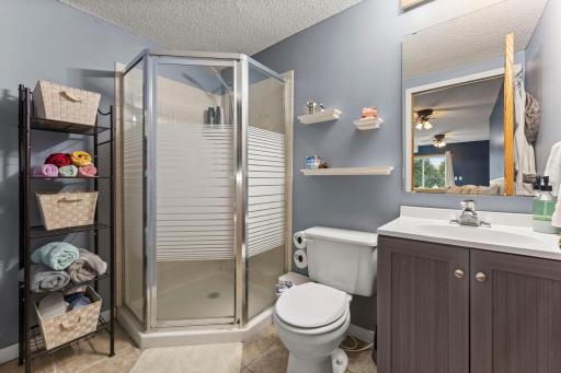 Convenient lower-level bathroom with walk-in shower.