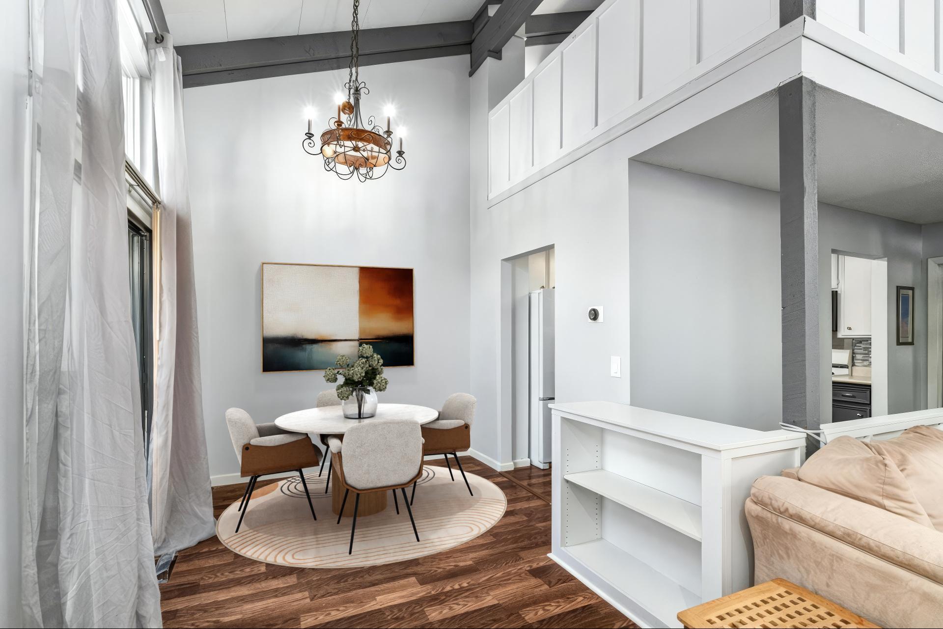 Vaulted dining room, virtually staged