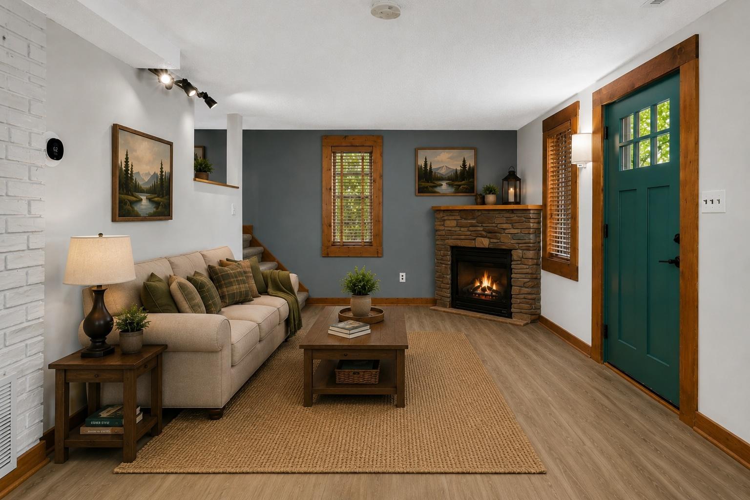 With rustic wood accents and a cozy gas-burning stone fireplace, it truly feels like a cabin in the city! This photo has been digitally staged.