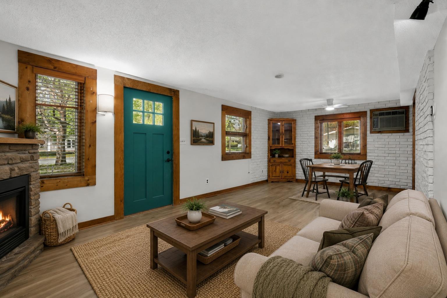 Open concept living/dining space, with windows on two sides. This photo has been digitally staged