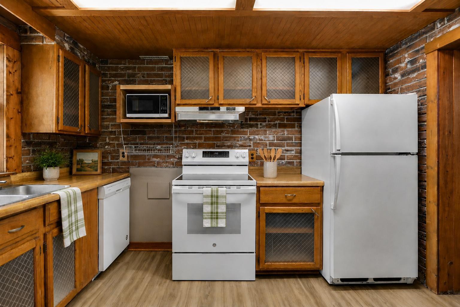 Cozy vibes continue into the kitchen, which features a new stove and plenty of cabint space