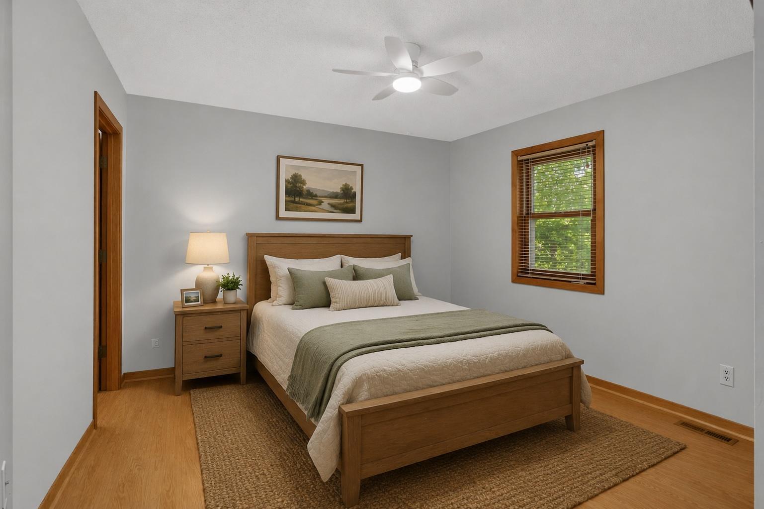 Primary bedroom features access to the deck and upper level laundry - what a treat! This photo has been digitally staged
