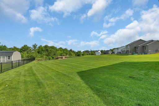 Here is a summer view of the well maintained backyard and full trees. An irrigation system help maintain this beautiful yard, and the water bill is covered in the cost of the monthly association dues.