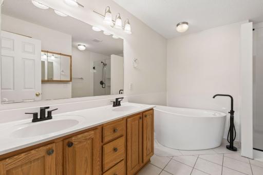 Owners suite full bathroom featuring new tub, shower and fixtures
