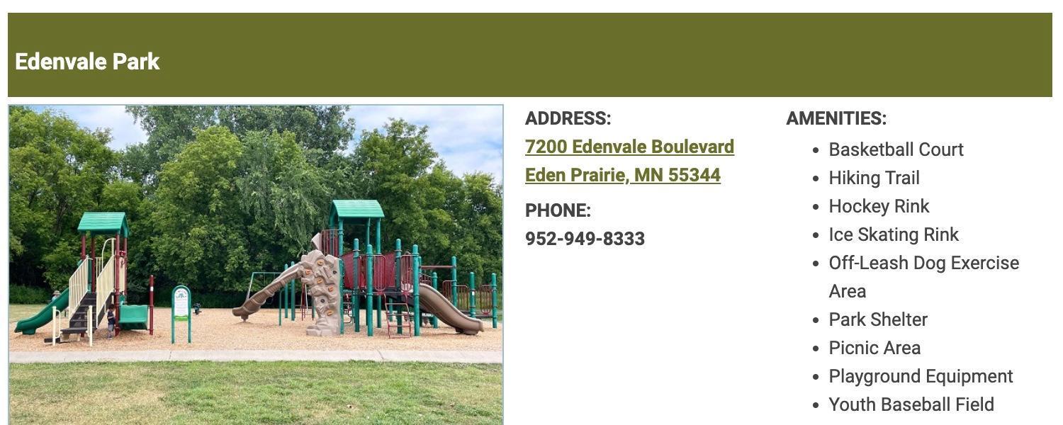 Edenvale Park is a block and a half away and provides year round activities and another spot to pick up the MN River Bluffs Trail.