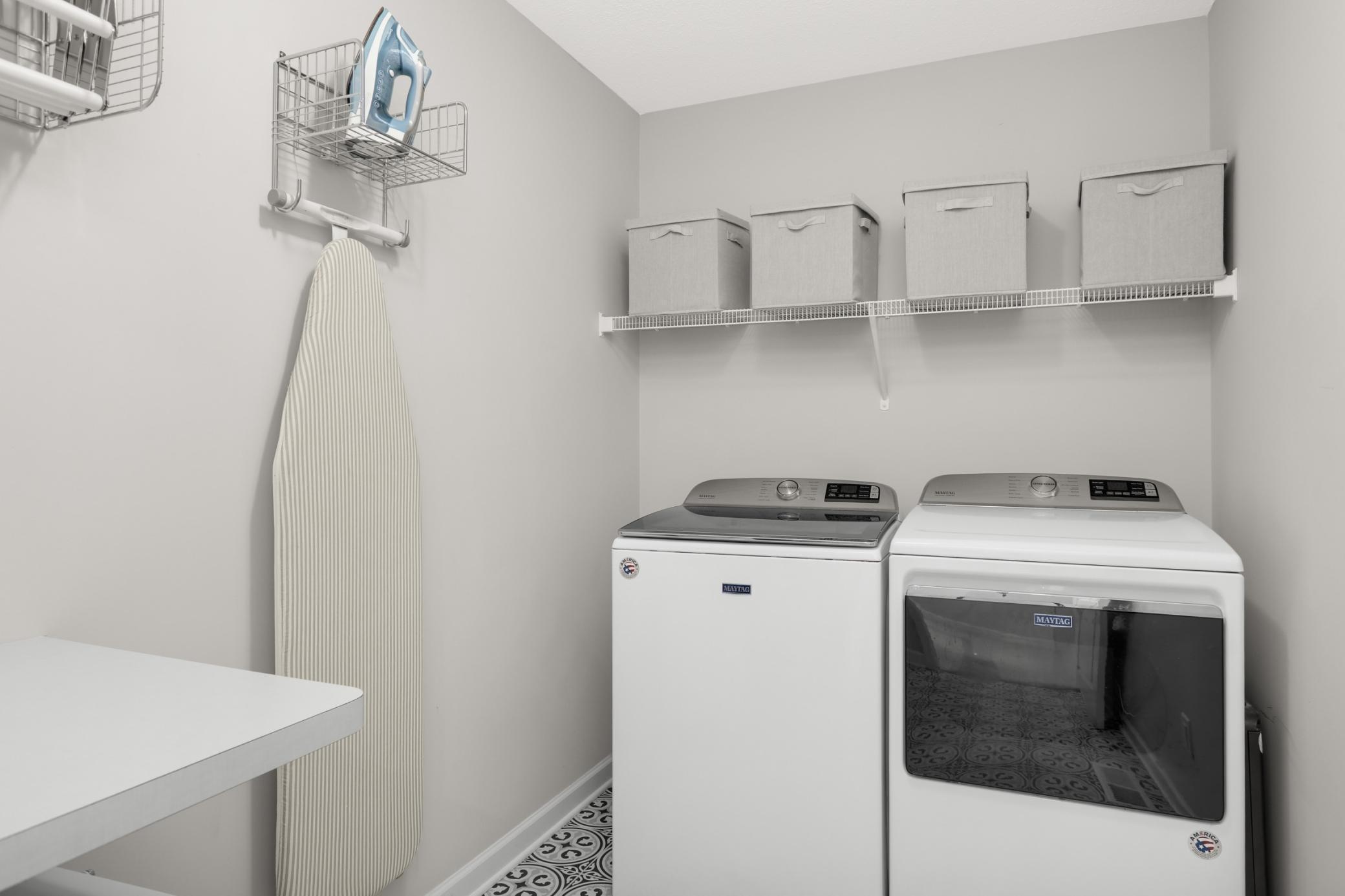 Upper level laundry is convenient. Plenty of room to fold, hang, clean and iron without have to bring down flights of stairs.