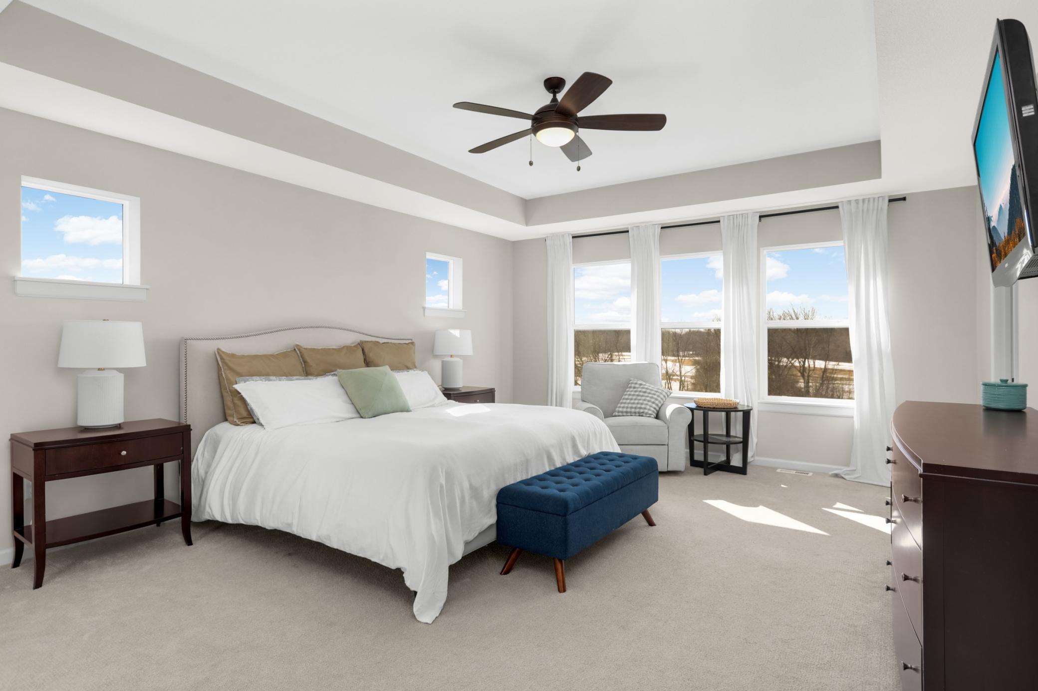 Exceptional owner's suite has tray vault ceiling, ceiling fan, huge windows and a private bath/walk in closet.