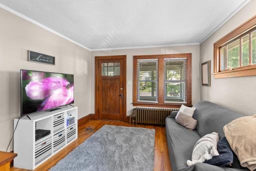 The living room overlooks the front porch.