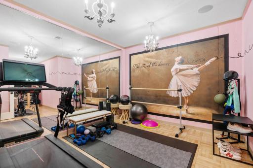Thoughtfully designed lower-level fitness room.