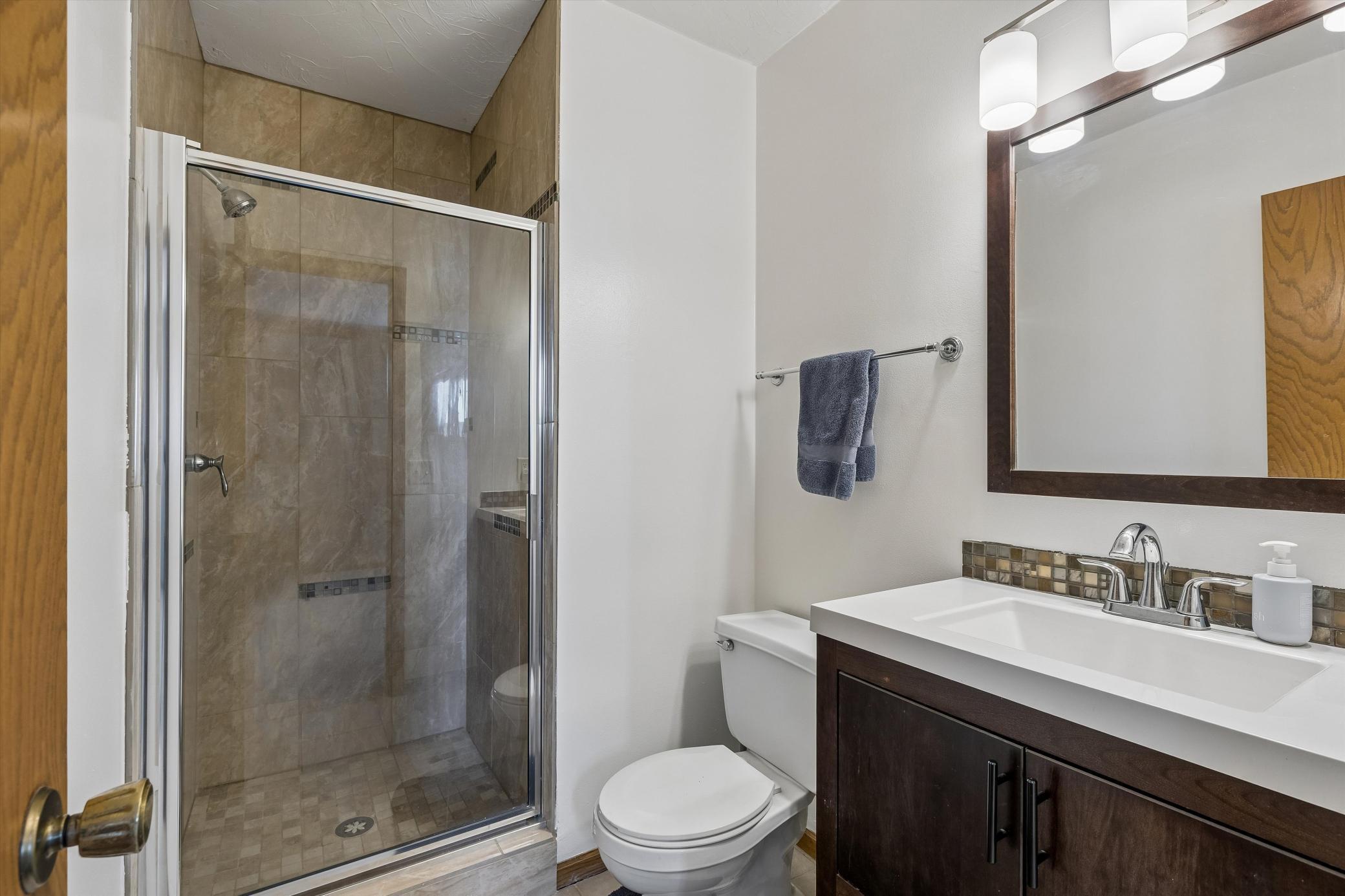 Lower level bathroom with a large shower