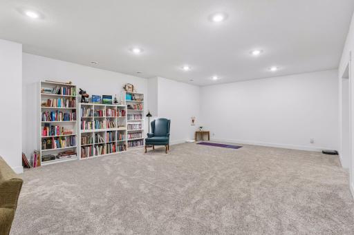 Expansive library space in the lower level with room for yoga and working out.