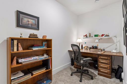 The quiet office is tucked away in the lower level.