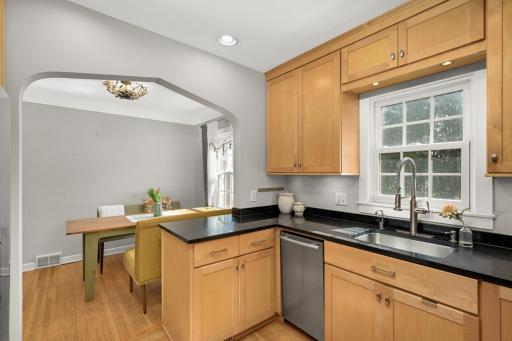 Kitchen and dining flow well with each other.