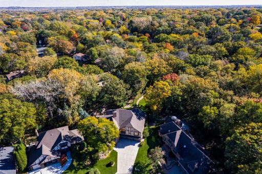 âAerial view shows the home nestled at the end of a quiet cul-de-sac, surrounded by mature trees and expansive wooded scenery, offering exceptional privacy and a peaceful natural setting.â