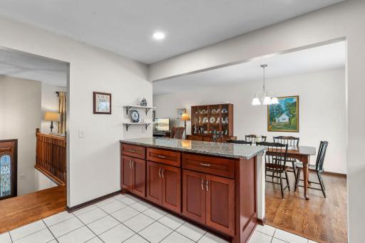Kitchen island and dining room view