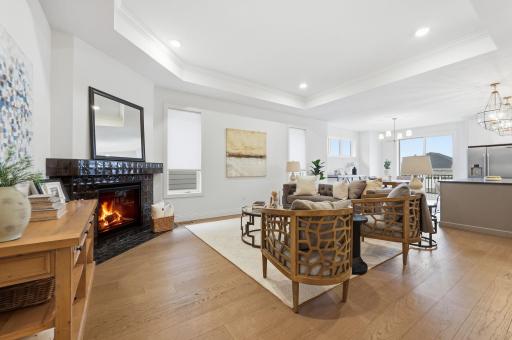 Main level living room with cozy corner gas fireplace, and box vault ceiling with crown molding.