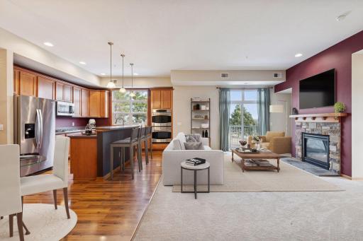 Virtually staged - showing the open floor plan and possible furniture arrangement.