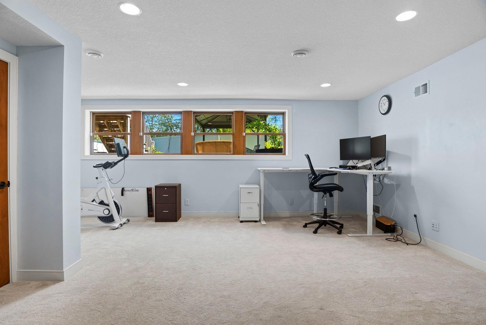 Lower level living room currently used as a home office.