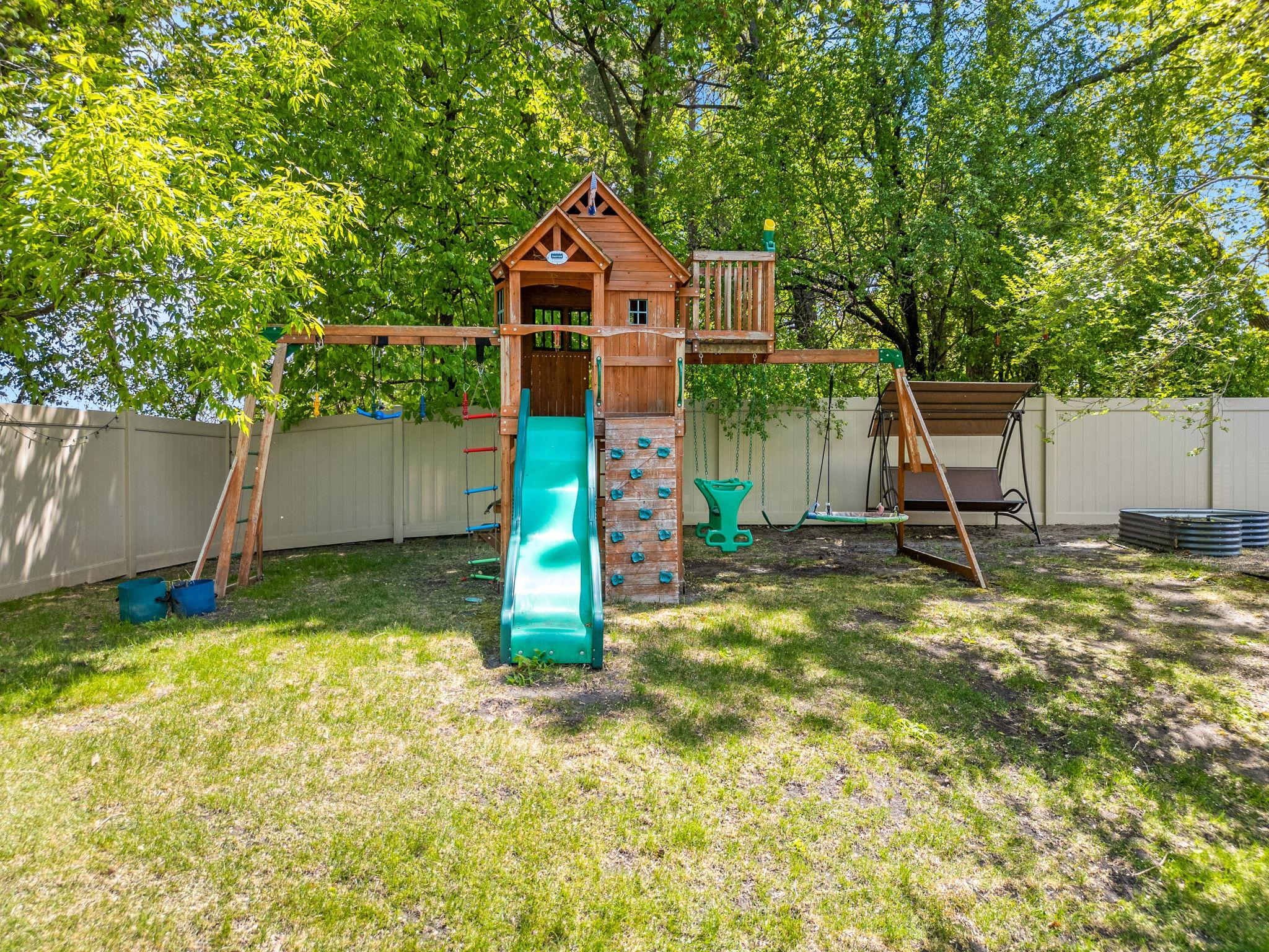 Large swing set can stay with the property.
