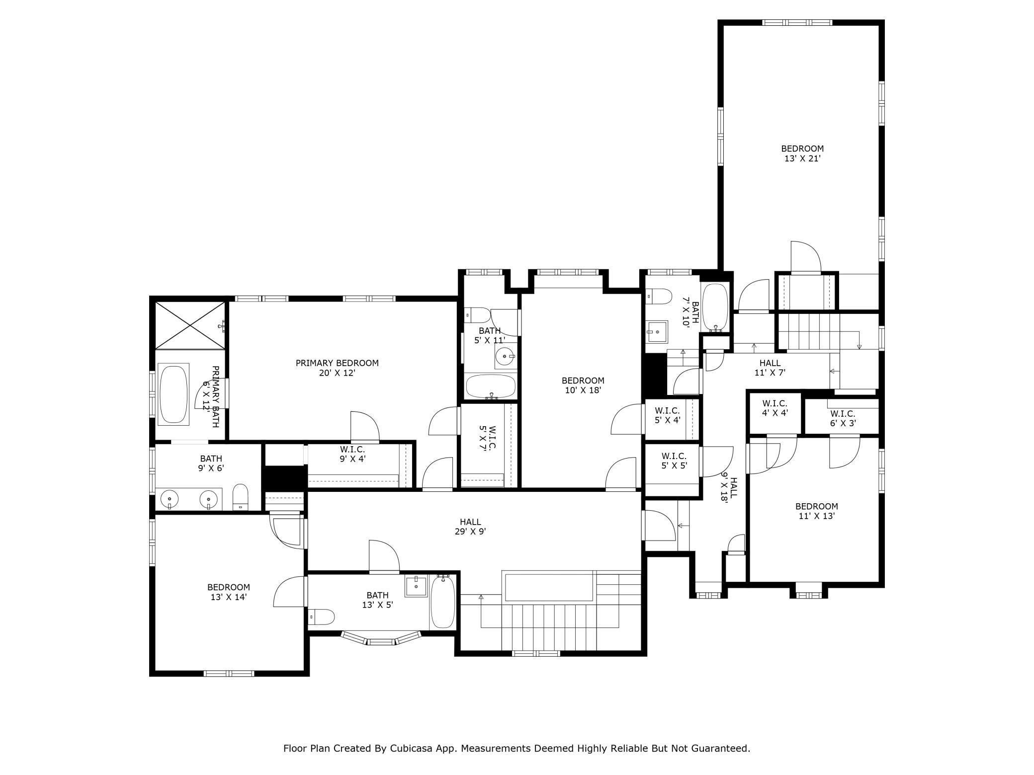 Upper Level Floor Plan: Rare 5 bedrooms on one level. Primary Suite with two walk-in closets and luxurious bath. 2nd and 3rd En-Suite Bedrooms, Separate Wing for 4th and 5th Bedrooms with Full Hall Bath. Secondary staircase access to kitchen.