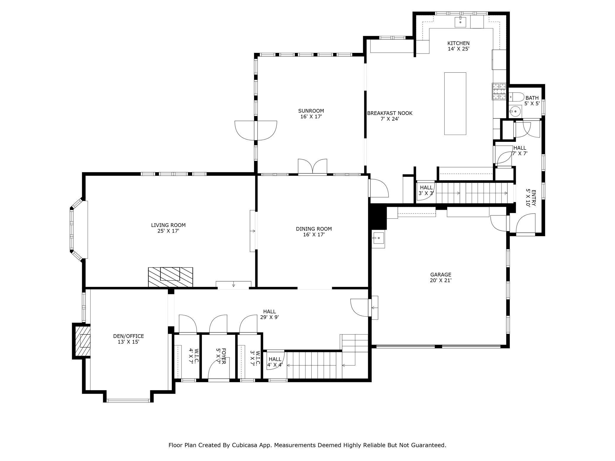 Main Level Plan: Two walk-in coat closets, main level den/office with gas log-set fireplace, formal living and dining rooms, sunroom/family room with direct access to outdoors, large center-island kitchen with informal dining, mud room, 1/2 bath.