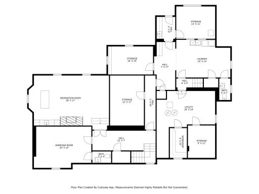 Lower Level Floor Plan: Recreation room with 10' ceilings, fitness room, 1/2 bath, multiple storage rooms, cedar closet, and large laundry room with additional 1/2 bath. Access to outdoors from back hall.