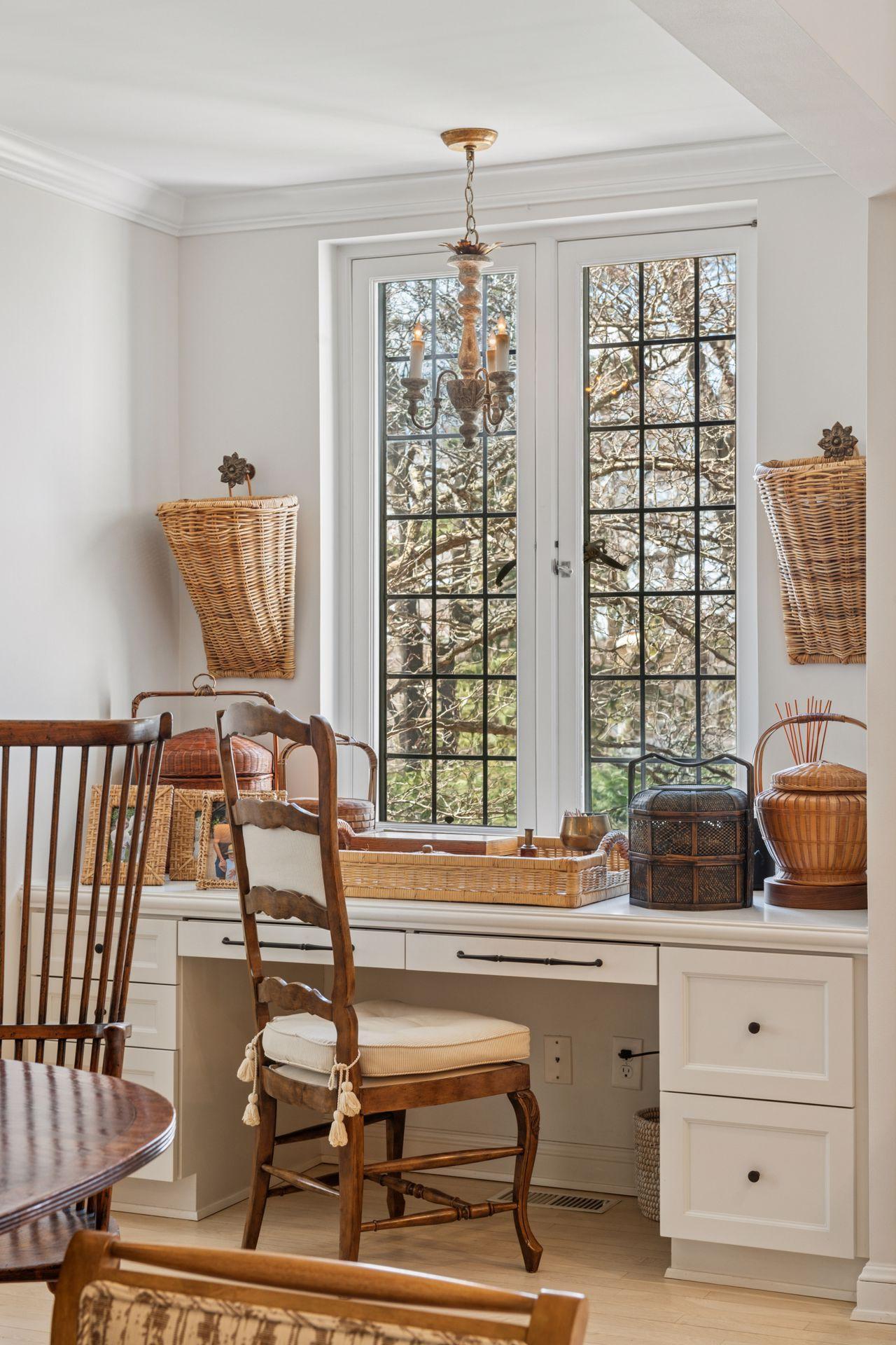 Built-in desk with west facing windows overlooking the gardens.