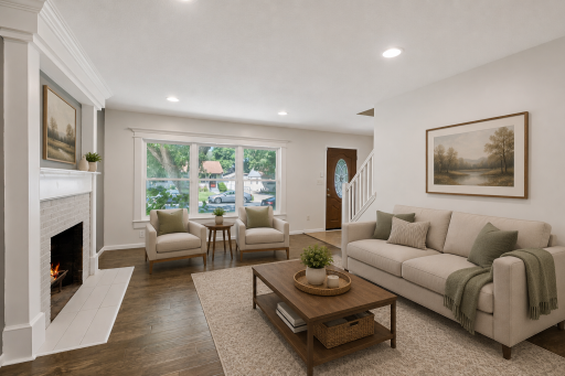 The front living room space features a beautiful fireplace, flooring and fresh paint! The room has been virtually staged.