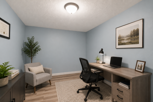 The lower level office provides a perfect work from home space. This office has been virtually staged.