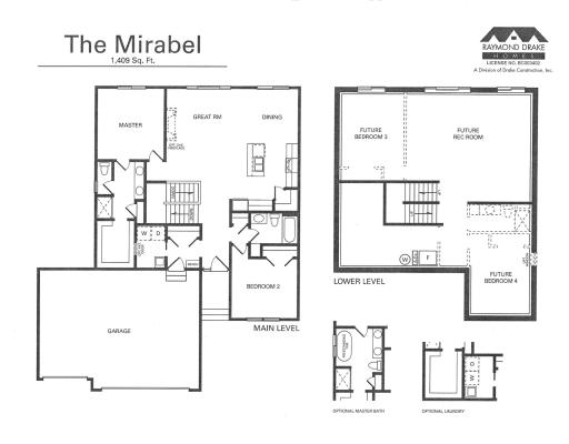 Mirabel Floor plan and optional primary bathroom and laundry room designs.