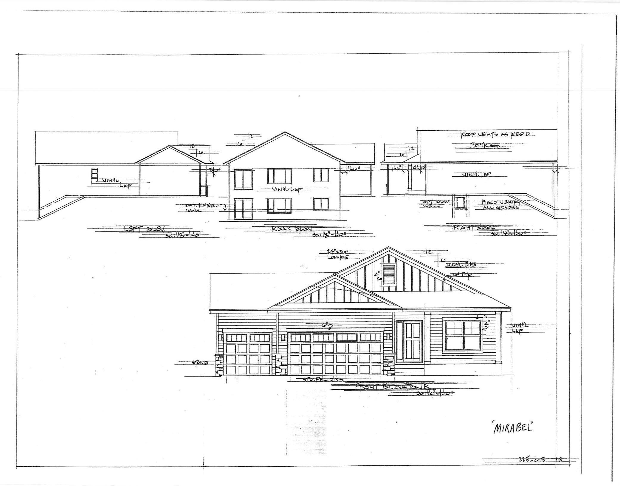 Mirabel porch front elevation "E" offers 2 bedrooms, 2 baths and 1409 square feet finished plus a full lookout grade basement.