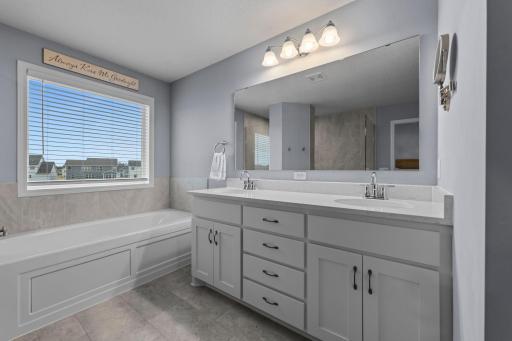 Owner's Suite Bathroom with Walk-through Shower, Soaking Tub, Window, Tinted Window, Corian Countertop, Slow Close Drawers, LVT, Built-In Shelving &Tile Surround in Shower