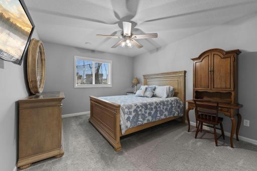 Lower-level bedroom with walk-in closet and ceiling fan