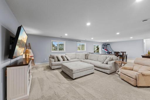 Lower-level family room with recessed lighting, tinted windows, walkout door to backyard, knockdown ceiling, and plenty of storage space