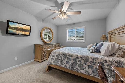 Lower-level bedroom with walk-in closet and ceiling fan
