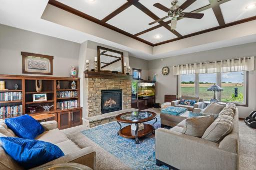 Beautiful stone fireplace highlights the room along with custom built-ins and elegant tray ceiling.