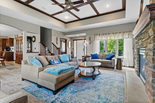 High ceilings with elegant wood accents. Neutral paint and carpeting throughout.
