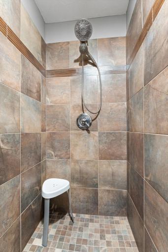 Walk in primary shower with elegant tile.
