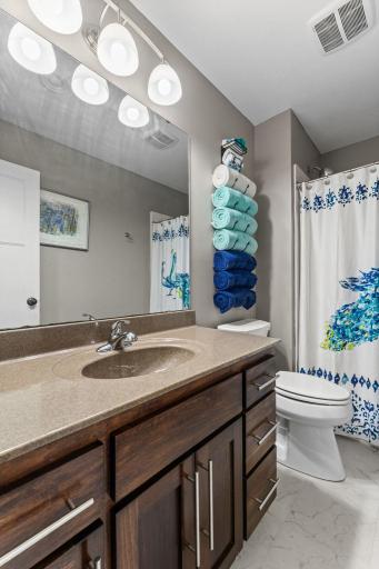 3/4 basement bathroom features Corian Countertops.