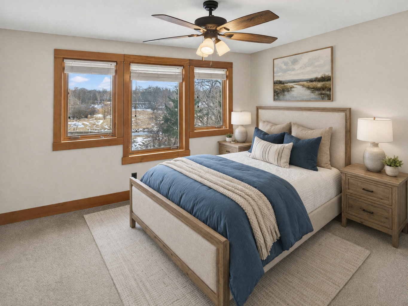 Bedroom 4 with river views, ceiling fan, virtually staged to help represent the space. Furnished.png