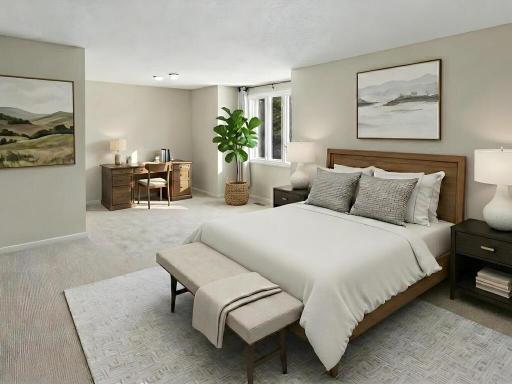 Upper level ensuite bedroom #2 is spacious and bright with brand new carpet and freshly painted walls. Natural light streams in through three windows. Virtually staged.