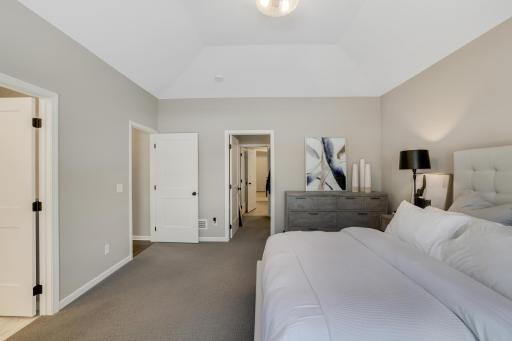 The primary bedroom functions as its own quiet oasis on the main level, complete with a spa-style stone shower and a walk-in closet.