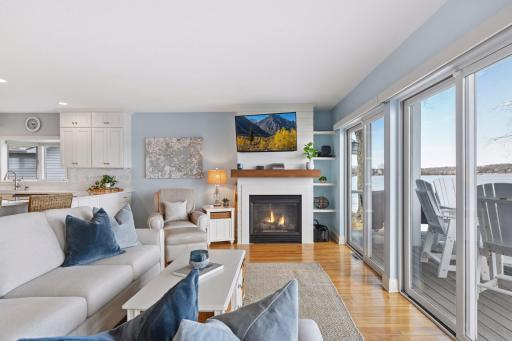 Gas fireplace with classic shiplap detail.