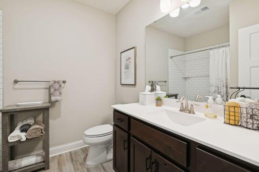 Bathroom with elegantly tiled shower on the lower level. Great cabinet space and counter space on the bathroom vanity.