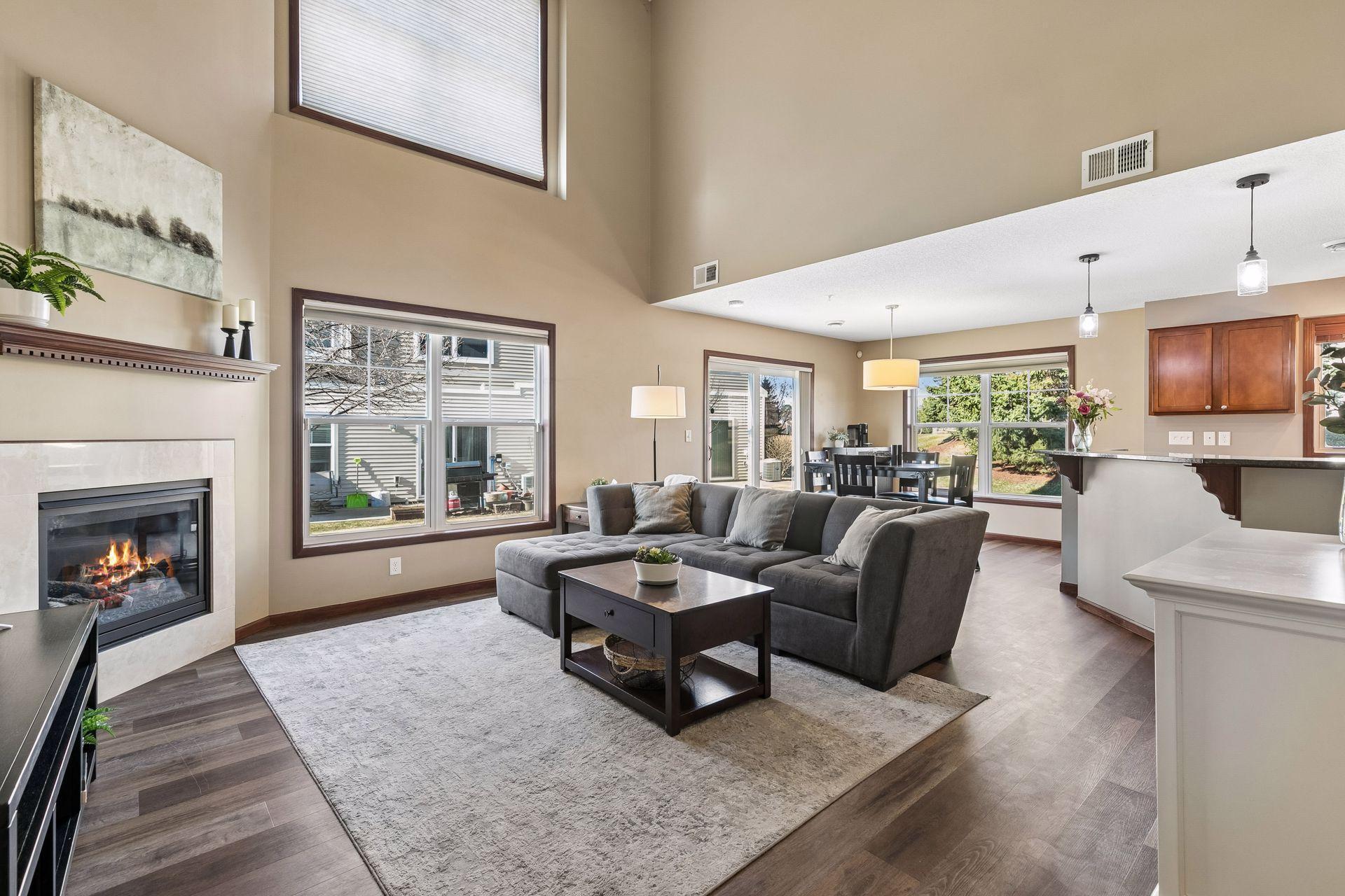 Bright and open main living space with soaring two-story ceilings