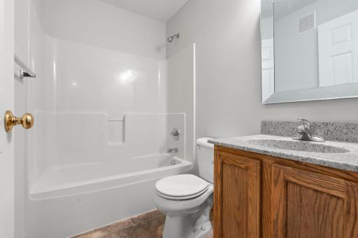 Full Hall Bath has Stone Countertop, New Mirror and Lighting.