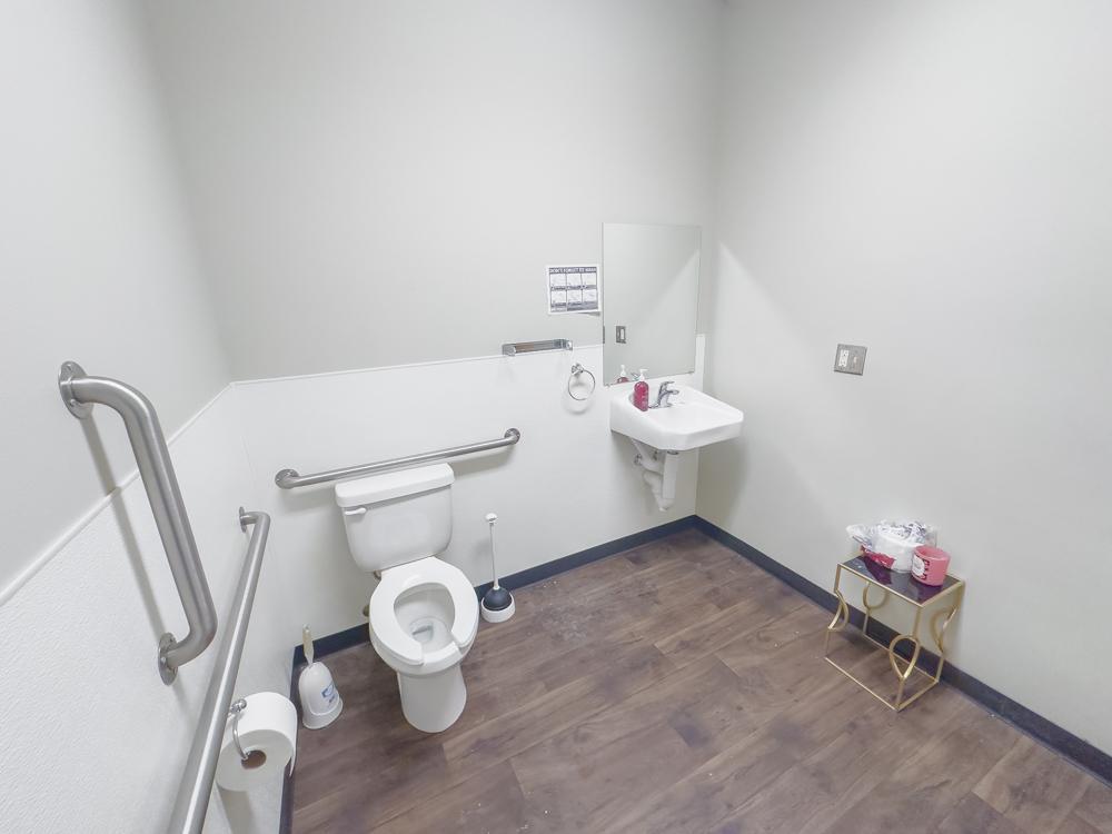 Spacious bathroom with accessibility features including multiple grab bars and open floor area. Durable flooring and light wall tones create a bright, practical environment.