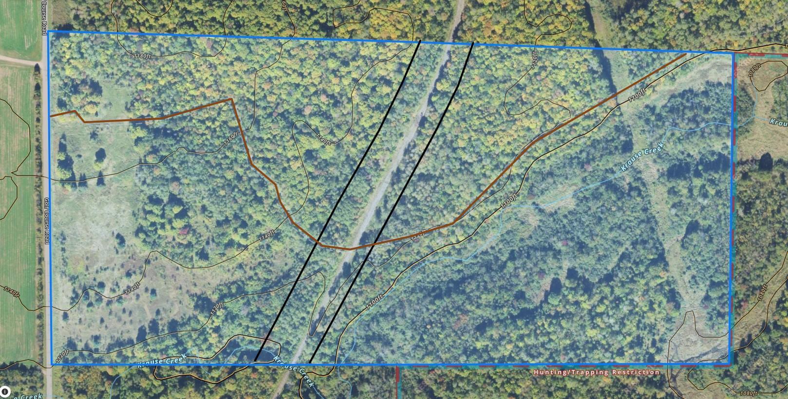 Parcel Map-borders are blue, trail is brown, and abandoned RR track highlighted in black