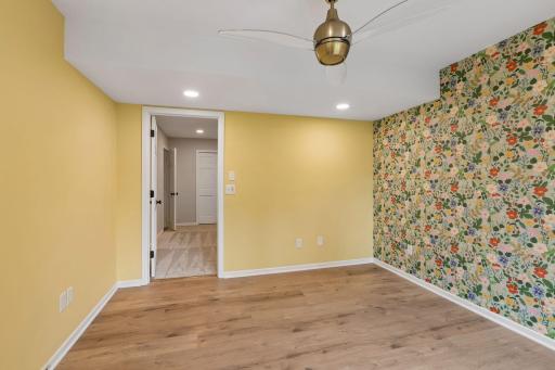 The flex space downstairs can be used as a combined space for a fifth bedroom.